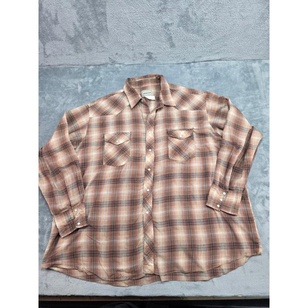 Frontier Mens Brown‎ Plaid Western Pearl Snap Shirt Long Sleeve XL Cowboy Yoke